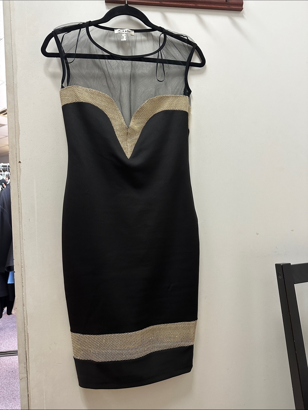 Mesh-Trim Black Midi Dress with Gold Accents